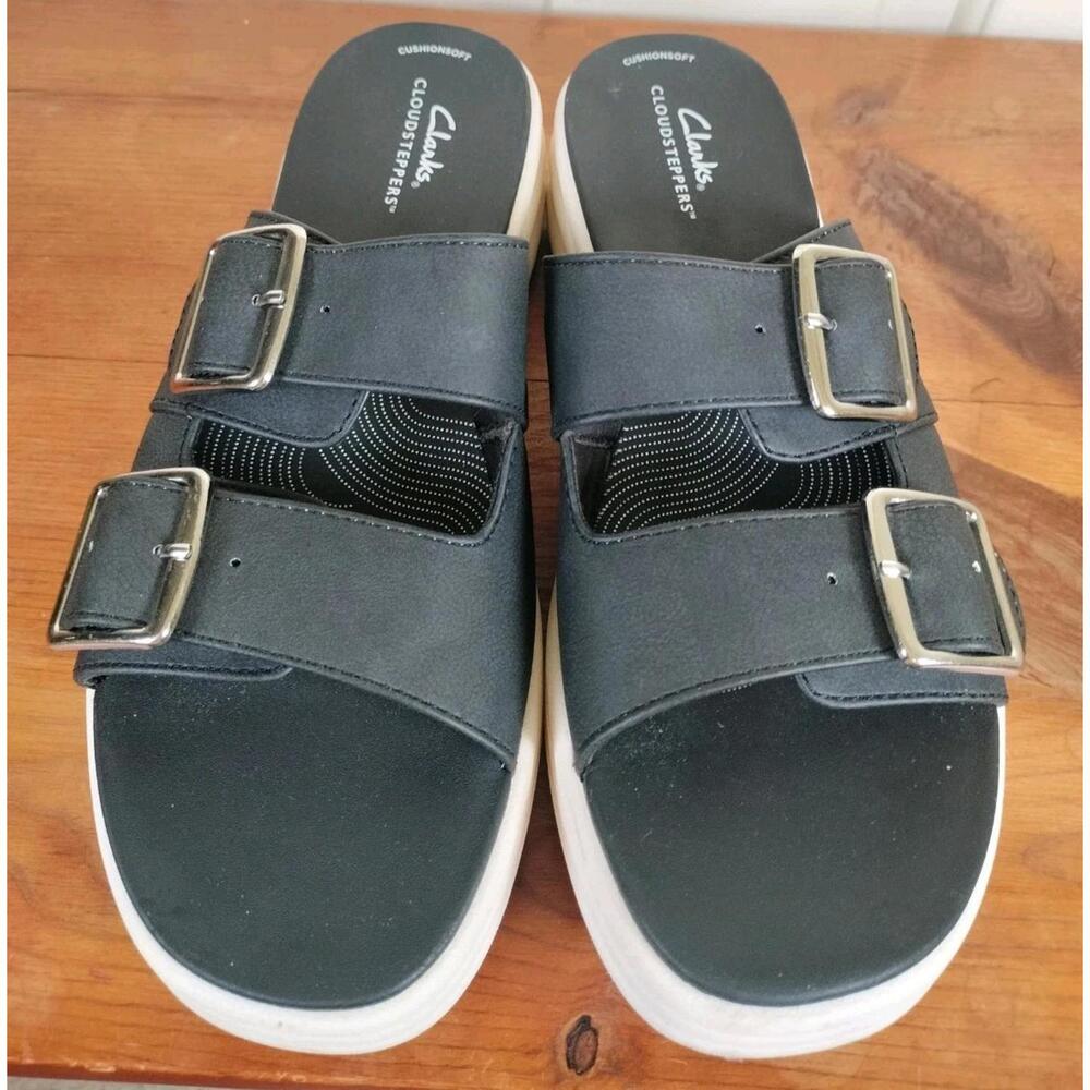 Clarks Cloudsteppers Drift Buckle Black Platform Slide Sandals Womens Size 10
